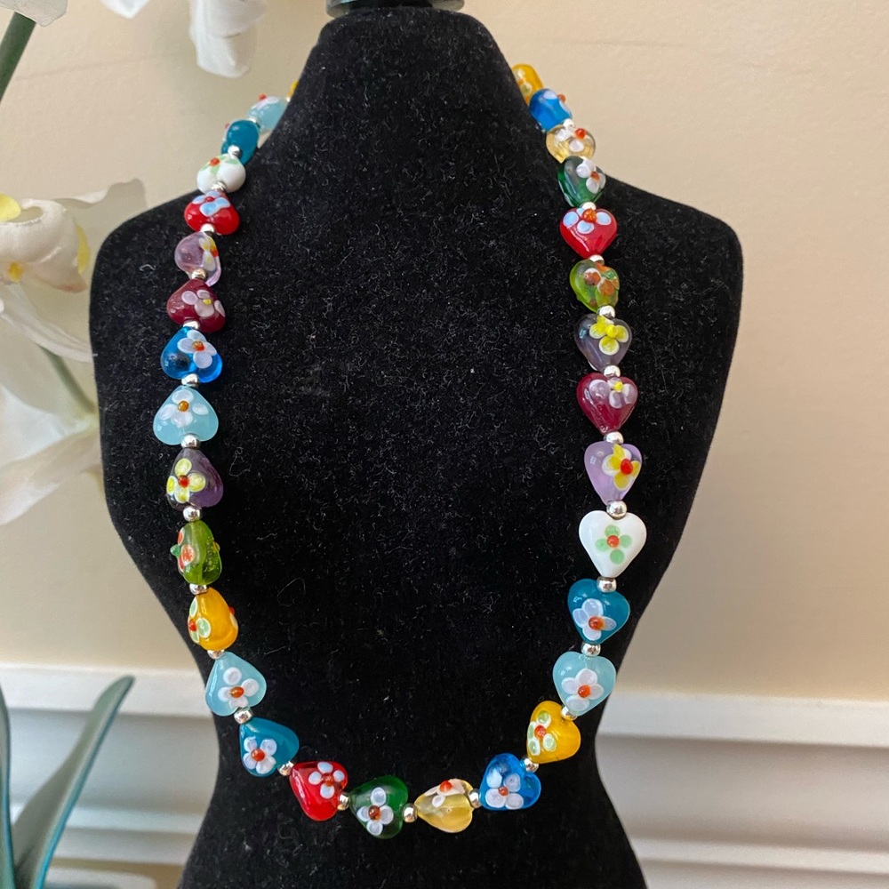New Multicolor Glass Hearts Hand Painted 14” Necklace